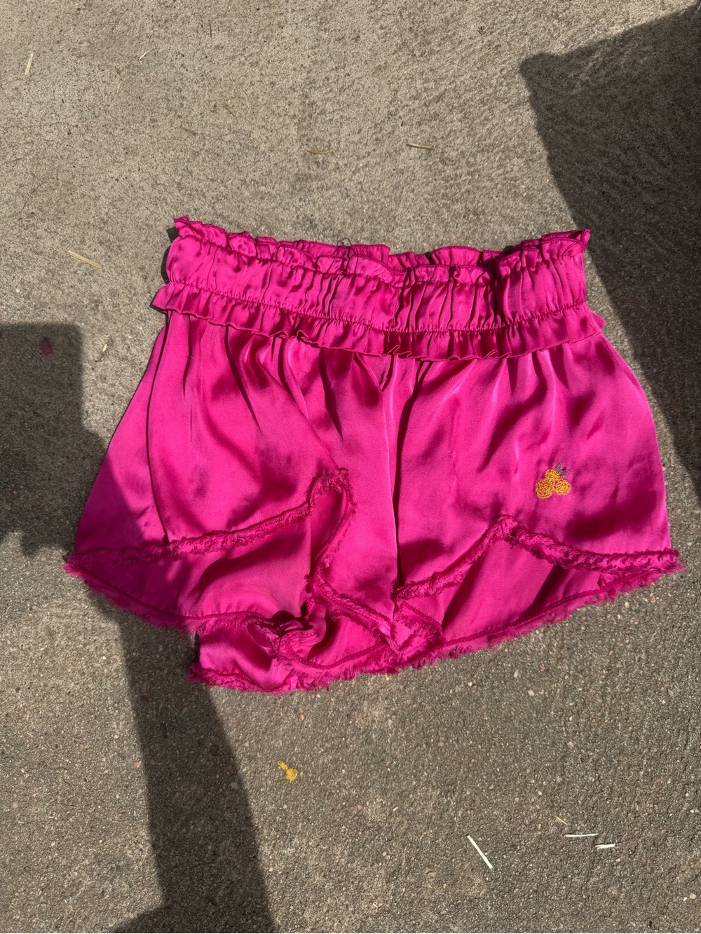 Free People Fuchsia Ruffle-Trim Satin Lounge Shorts